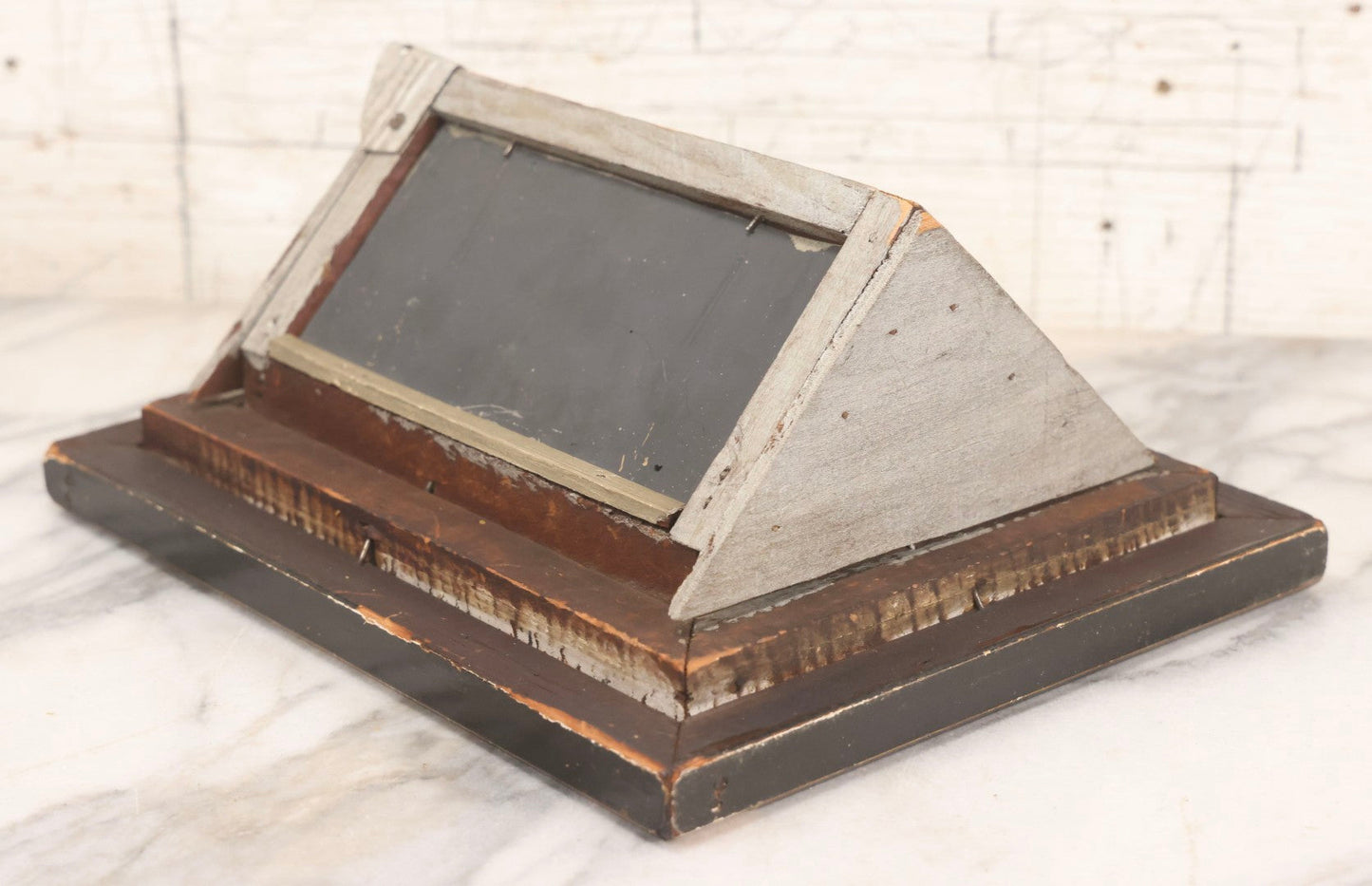 Lot 016 - Antique Miniature Mirrored Corner Wall Shelf With Textured Paint Frame, Glass Interior Shelf, And Metal Mounting Bracket, 8-3/4" x 10-1/2"