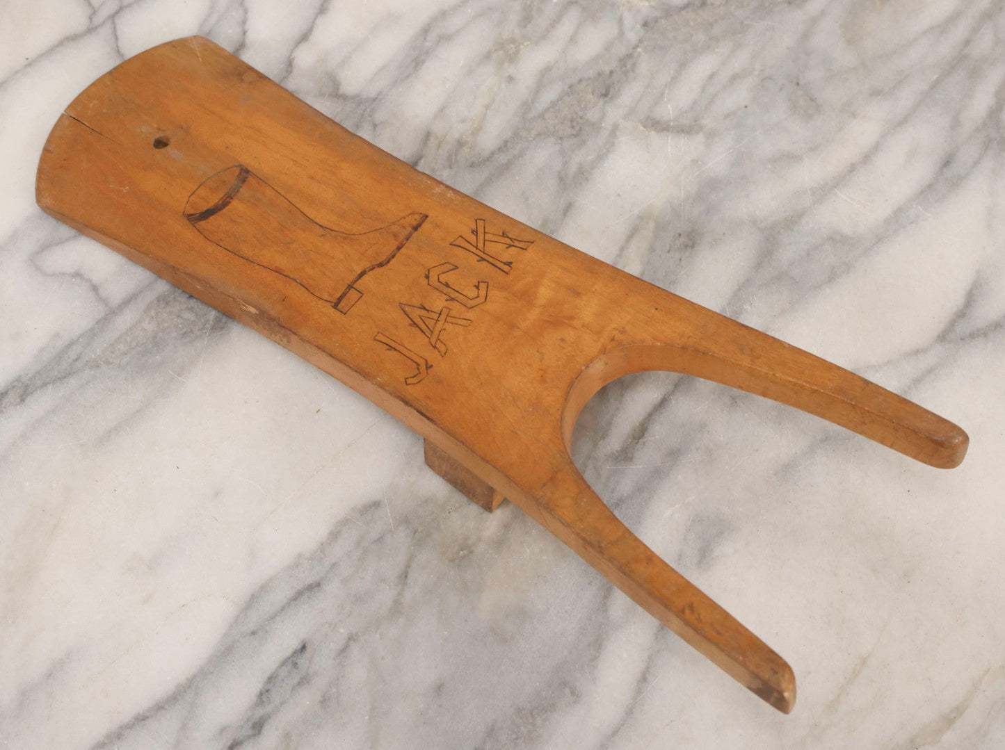 Lot 017 - Antique Folk Art Wooden Boot Jack With Wood Burned Naive Boot Illustration And Branch-Style “Jack” Lettering, 14-1/4" H
