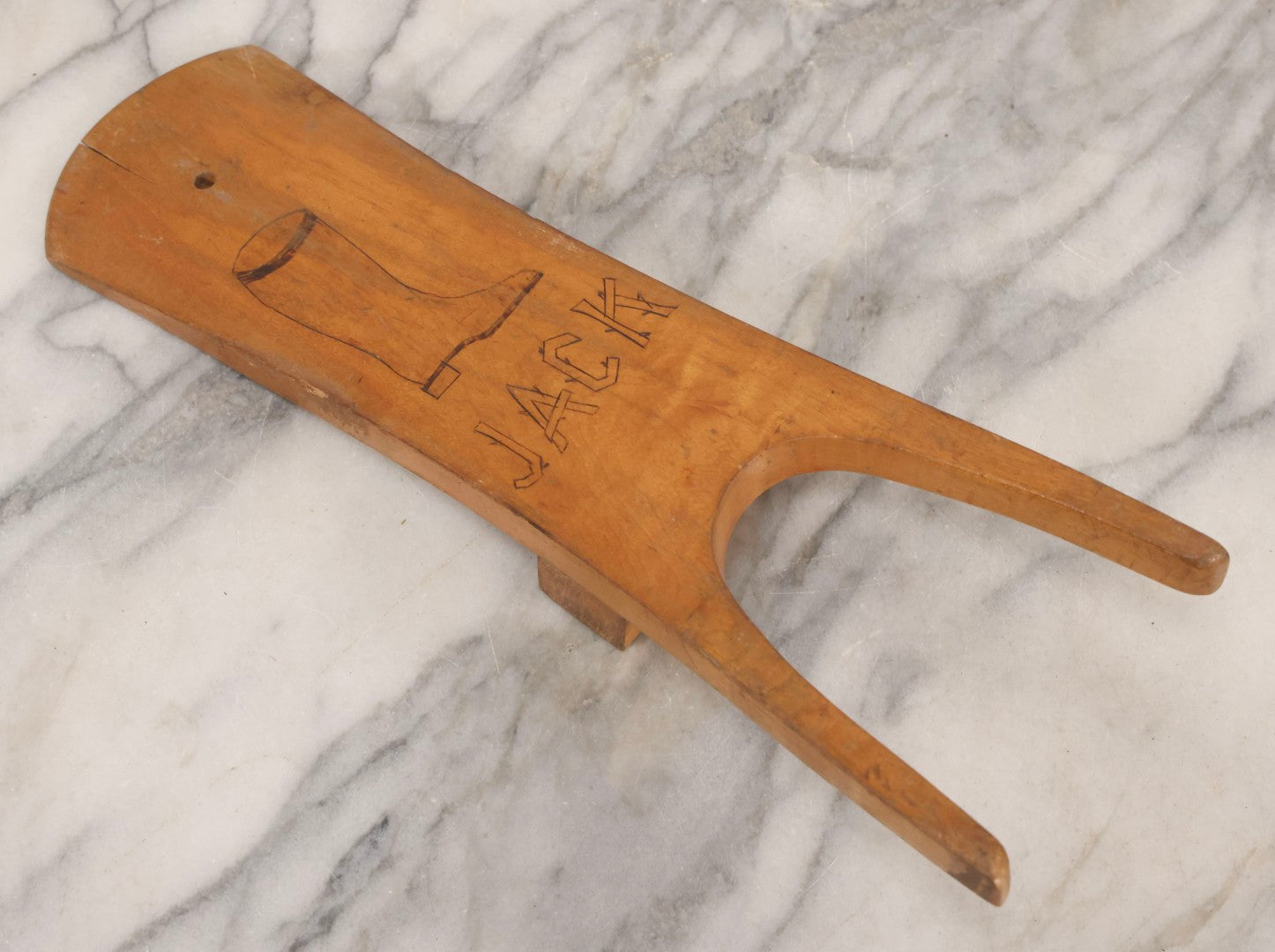 Lot 017 - Antique Folk Art Wooden Boot Jack With Wood Burned Naive Boot Illustration And Branch-Style “Jack” Lettering, 14-1/4" H