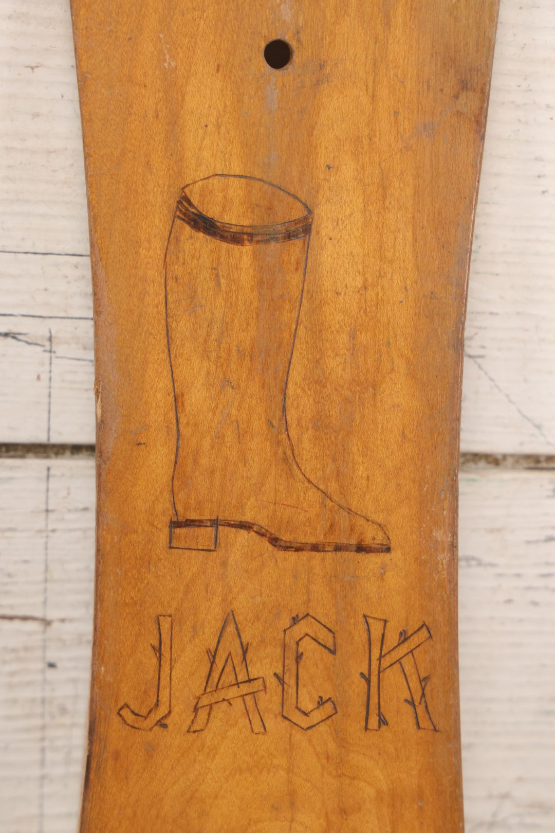Lot 017 - Antique Folk Art Wooden Boot Jack With Wood Burned Naive Boot Illustration And Branch-Style “Jack” Lettering, 14-1/4" H