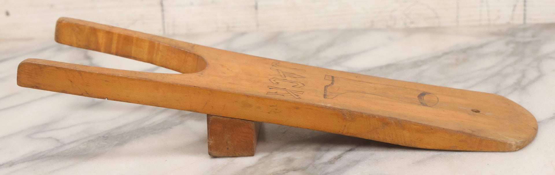 Lot 017 - Antique Folk Art Wooden Boot Jack With Wood Burned Naive Boot Illustration And Branch-Style “Jack” Lettering, 14-1/4" H