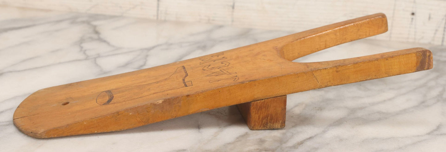 Lot 017 - Antique Folk Art Wooden Boot Jack With Wood Burned Naive Boot Illustration And Branch-Style “Jack” Lettering, 14-1/4" H