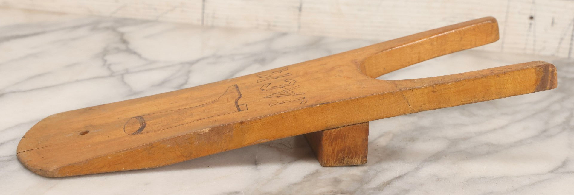 Lot 017 - Antique Folk Art Wooden Boot Jack With Wood Burned Naive Boot Illustration And Branch-Style “Jack” Lettering, 14-1/4" H