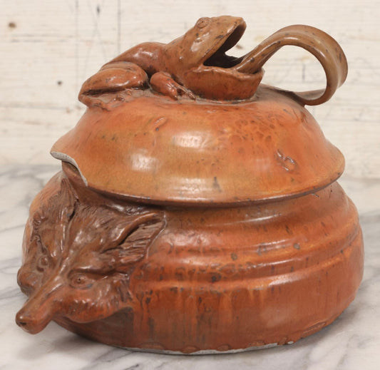 Lot 019 - Vintage Studio Pottery Lidded Jar With Sculpted Frog Finial And Fox Head Decorations, Note Repaired Crack Around Rim, 9" x 12" x 8" H