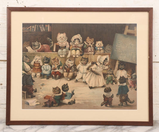 Lot 021 - Antique Chromolithograph “Mrs. Tabitha's Cat Academy” After Louis Wain With Anthropomorphic Cats In Classroom, In Vintage Frame, 20-1/4" x 16-1/4"