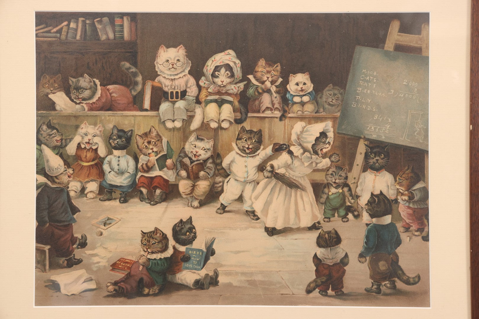 Lot 021 - Antique Chromolithograph “Mrs. Tabitha's Cat Academy” After Louis Wain With Anthropomorphic Cats In Classroom, In Vintage Frame, 20-1/4" x 16-1/4"