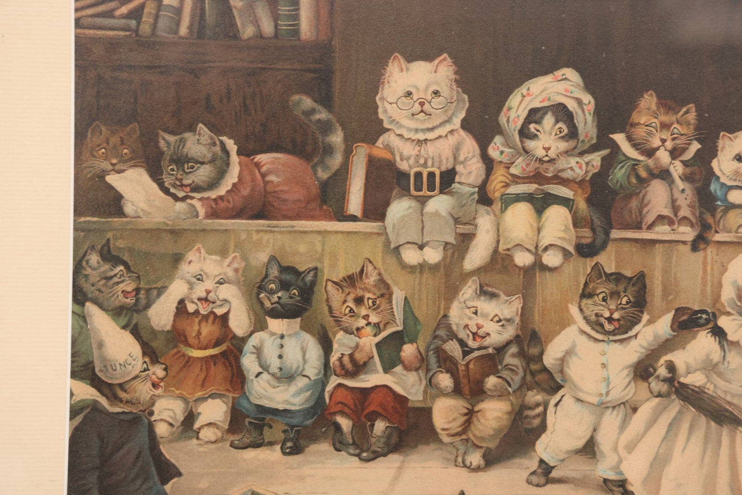 Lot 021 - Antique Chromolithograph “Mrs. Tabitha's Cat Academy” After Louis Wain With Anthropomorphic Cats In Classroom, In Vintage Frame, 20-1/4" x 16-1/4"