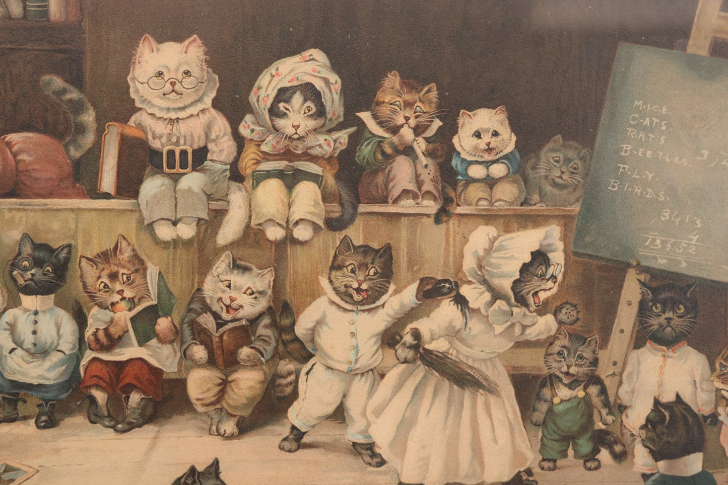 Lot 021 - Antique Chromolithograph “Mrs. Tabitha's Cat Academy” After Louis Wain With Anthropomorphic Cats In Classroom, In Vintage Frame, 20-1/4" x 16-1/4"