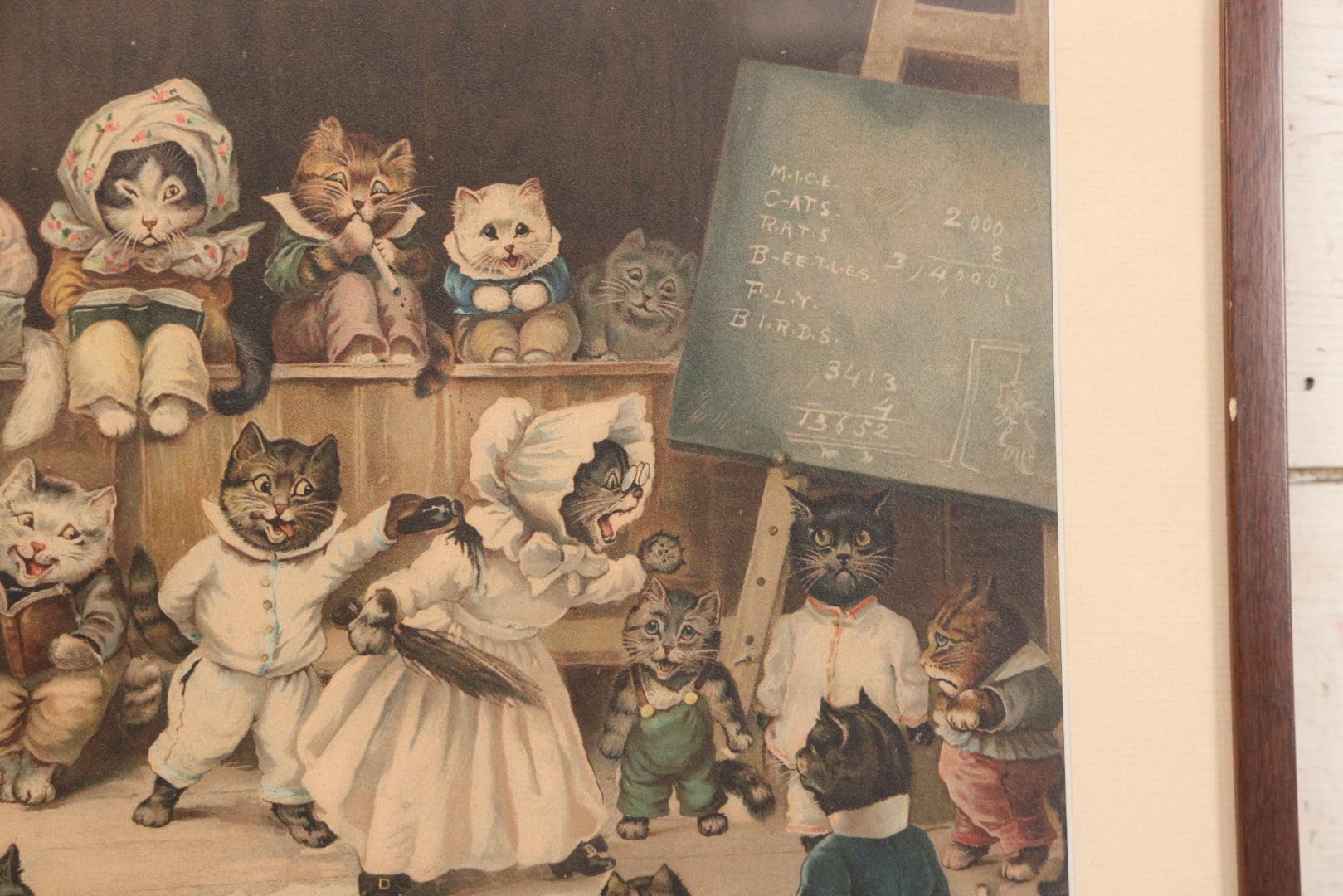 Lot 021 - Antique Chromolithograph “Mrs. Tabitha's Cat Academy” After Louis Wain With Anthropomorphic Cats In Classroom, In Vintage Frame, 20-1/4" x 16-1/4"