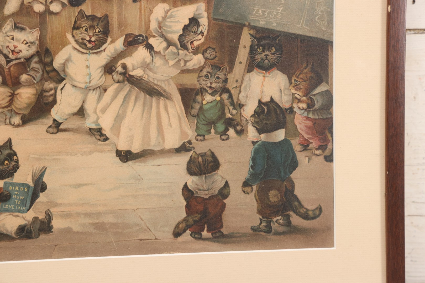 Lot 021 - Antique Chromolithograph “Mrs. Tabitha's Cat Academy” After Louis Wain With Anthropomorphic Cats In Classroom, In Vintage Frame, 20-1/4" x 16-1/4"