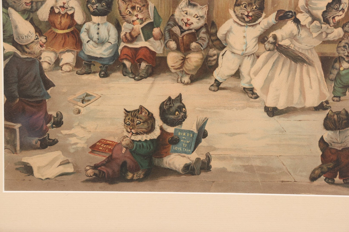 Lot 021 - Antique Chromolithograph “Mrs. Tabitha's Cat Academy” After Louis Wain With Anthropomorphic Cats In Classroom, In Vintage Frame, 20-1/4" x 16-1/4"