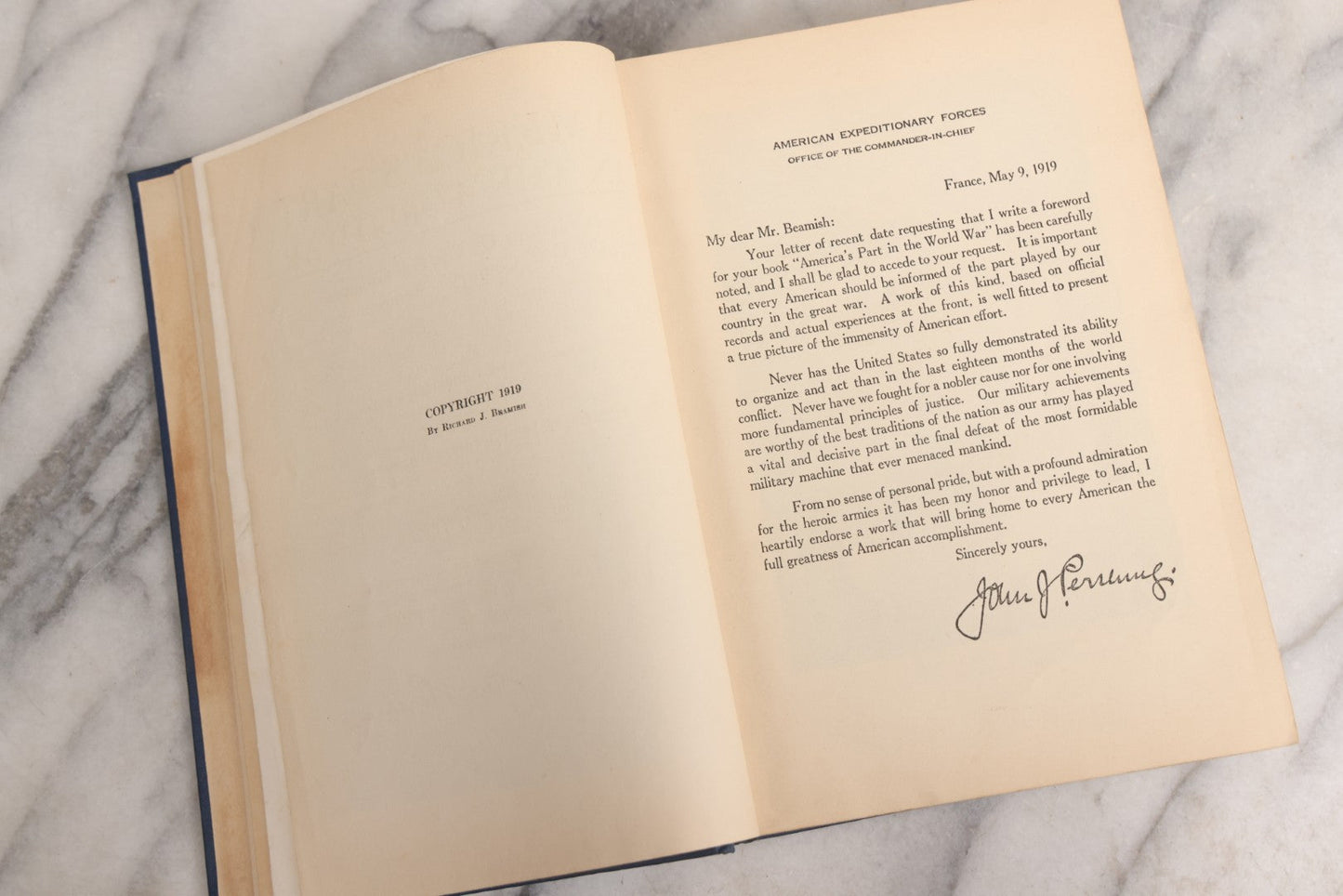 Lot 029 - "America's Part In The World War" Antique WWI History Book By Richard J. Beamish And Francis A. March, Ph.D., With Introduction By General John J. Pershing, 1919