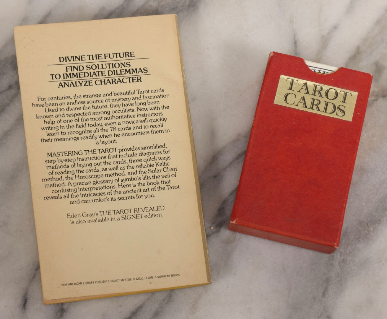 Lot 034 - Pair Of Vintage Tarot Items Including J. Muller & Cie French Marseille-Style Tarot Deck Of 78 Cards With Red Slip Case And "Mastering The Tarot" Paperback Book By Eden Gray, 1973