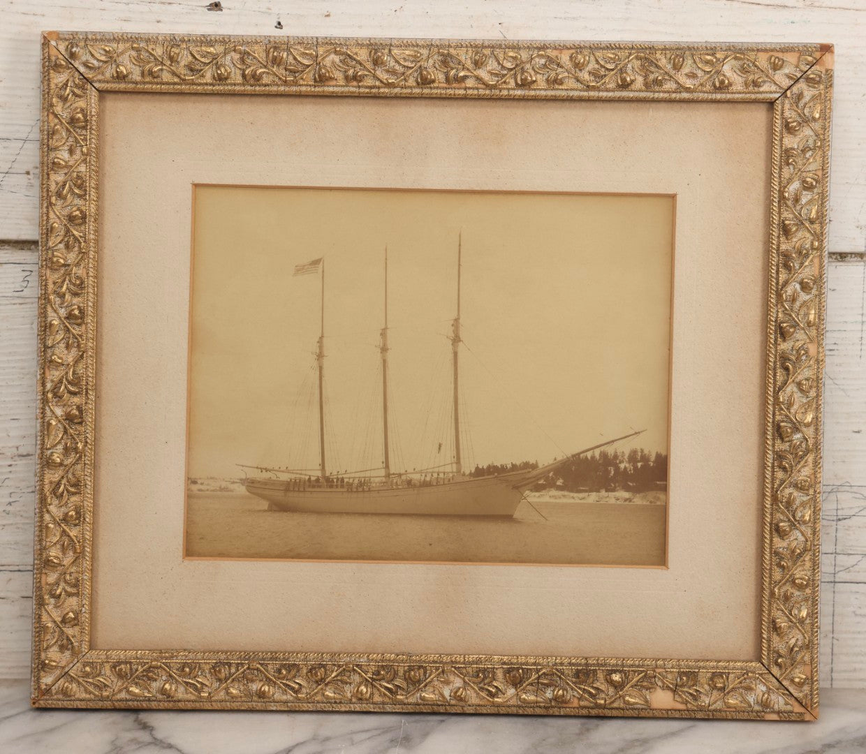Lot 036 - Antique Framed Photograph Of Schooner Lavinia M. Snow With Crew On Board, Built 1893 Rockland Maine By J. L. Snow & Co., Capt. James F. Hinckley, 14-3/4" x 12-3/4"