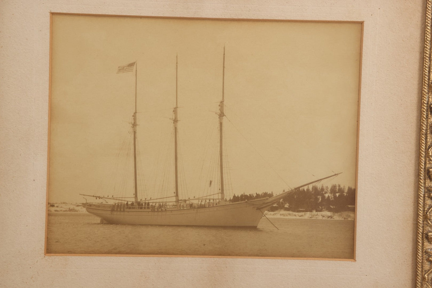 Lot 036 - Antique Framed Photograph Of Schooner Lavinia M. Snow With Crew On Board, Built 1893 Rockland Maine By J. L. Snow & Co., Capt. James F. Hinckley, 14-3/4" x 12-3/4"