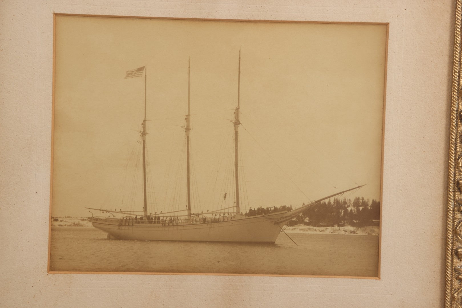 Lot 036 - Antique Framed Photograph Of Schooner Lavinia M. Snow With Crew On Board, Built 1893 Rockland Maine By J. L. Snow & Co., Capt. James F. Hinckley, 14-3/4" x 12-3/4"