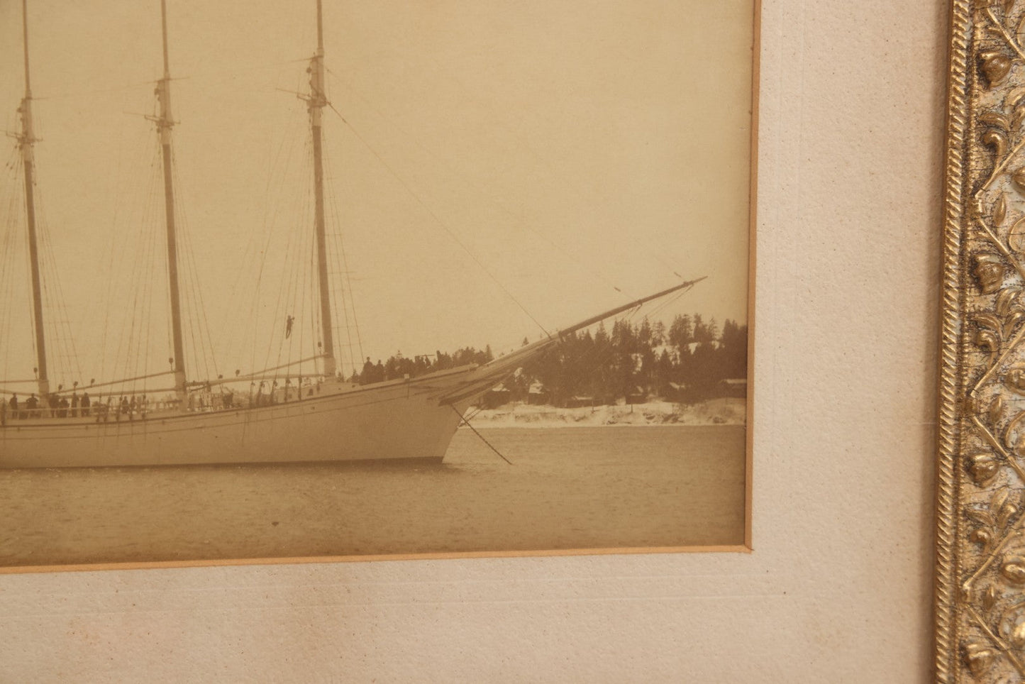 Lot 036 - Antique Framed Photograph Of Schooner Lavinia M. Snow With Crew On Board, Built 1893 Rockland Maine By J. L. Snow & Co., Capt. James F. Hinckley, 14-3/4" x 12-3/4"