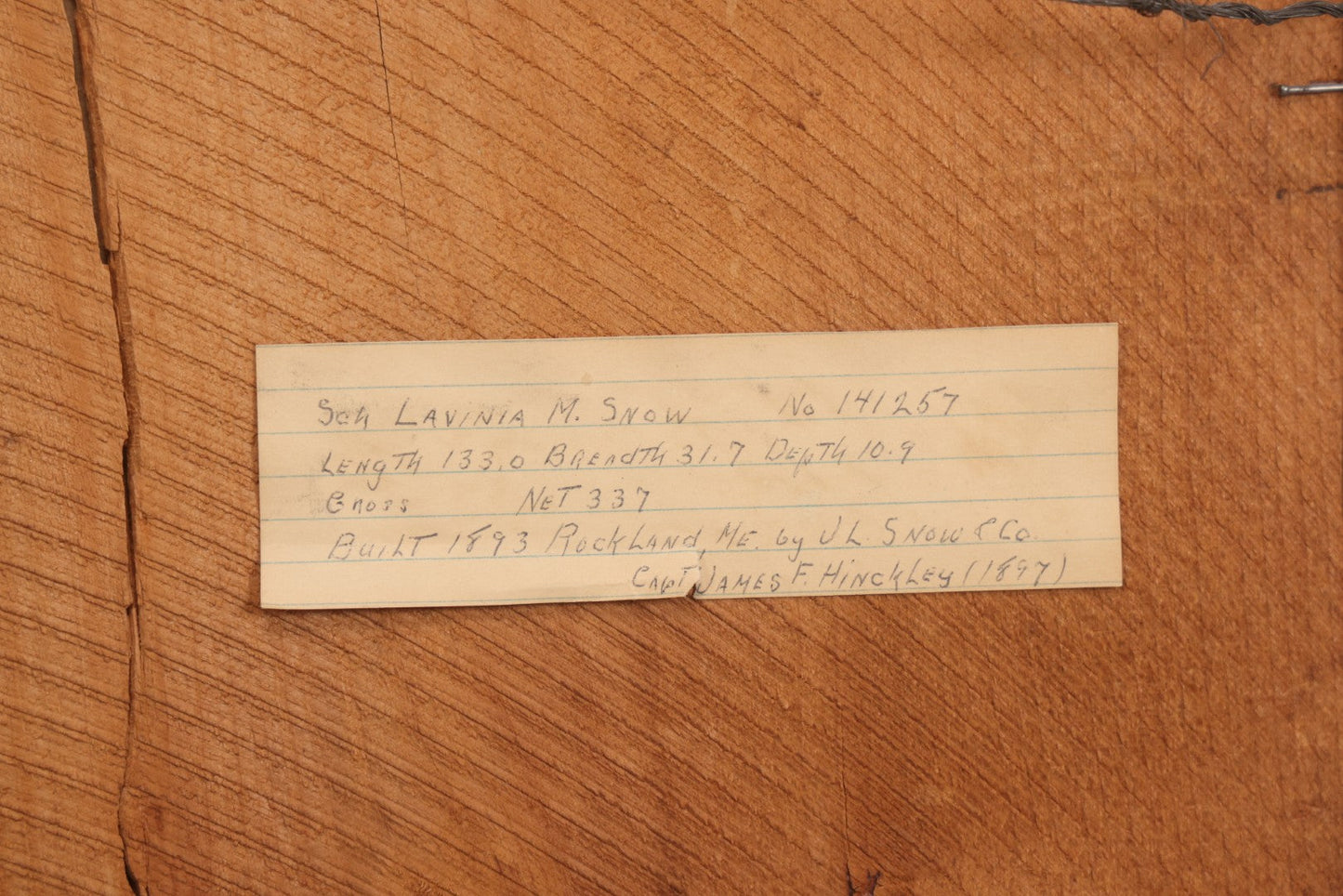 Lot 036 - Antique Framed Photograph Of Schooner Lavinia M. Snow With Crew On Board, Built 1893 Rockland Maine By J. L. Snow & Co., Capt. James F. Hinckley, 14-3/4" x 12-3/4"