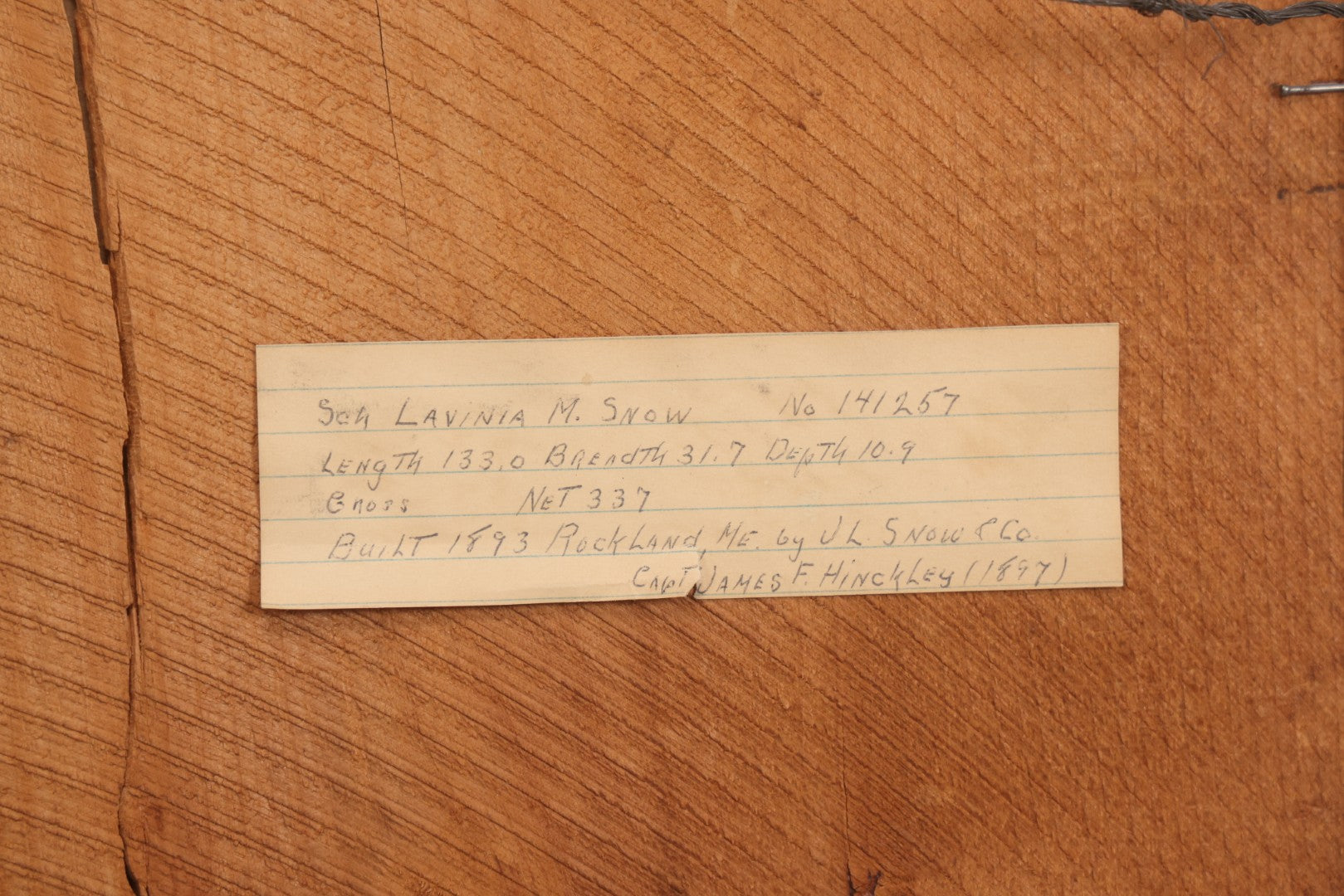 Lot 036 - Antique Framed Photograph Of Schooner Lavinia M. Snow With Crew On Board, Built 1893 Rockland Maine By J. L. Snow & Co., Capt. James F. Hinckley, 14-3/4" x 12-3/4"