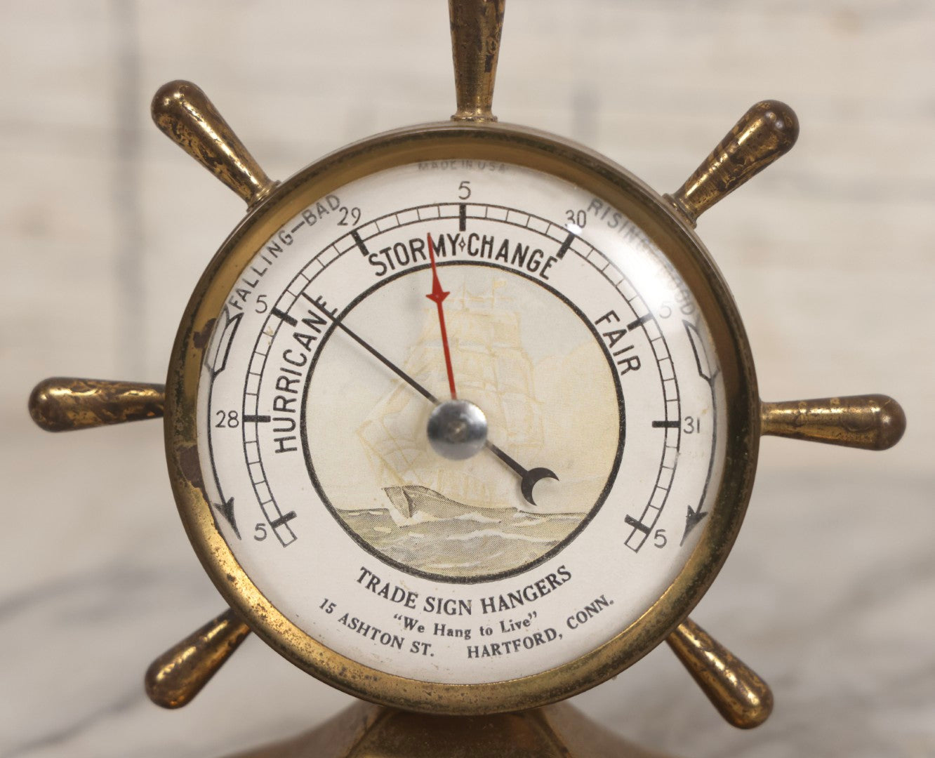 Lot 039 - Vintage Nautical Advertising Barometer For Trade Sign Hangers With Brass Ship's Wheel And “We Hang To Live” Slogan, Hartford, Connecticut, 4-3/4" H