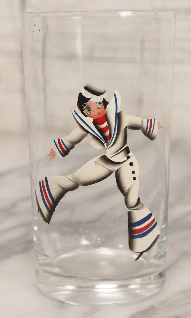 Lot 040 - Vintage Hand Painted Novelty Glass Cup With Betty Boop Sailor Motif And Nude Reverse View, Circa 1940s 5-1/4" H
