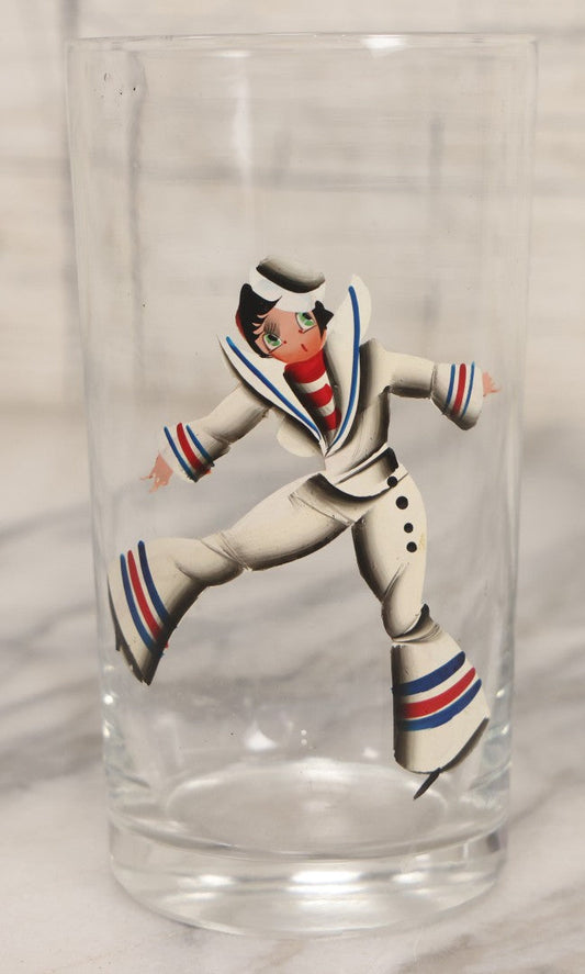 Lot 040 - Vintage Hand Painted Novelty Glass Cup With Betty Boop Sailor Motif And Nude Reverse View, Circa 1940s 5-1/4" H