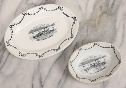 Lot 042 - Pair Of Antique English Transferware  Pottery Pieces With Hudson River Sidewheel Steamship “The Hudson Lunch,” Manufactured By John Maddock & Sons Ltd.