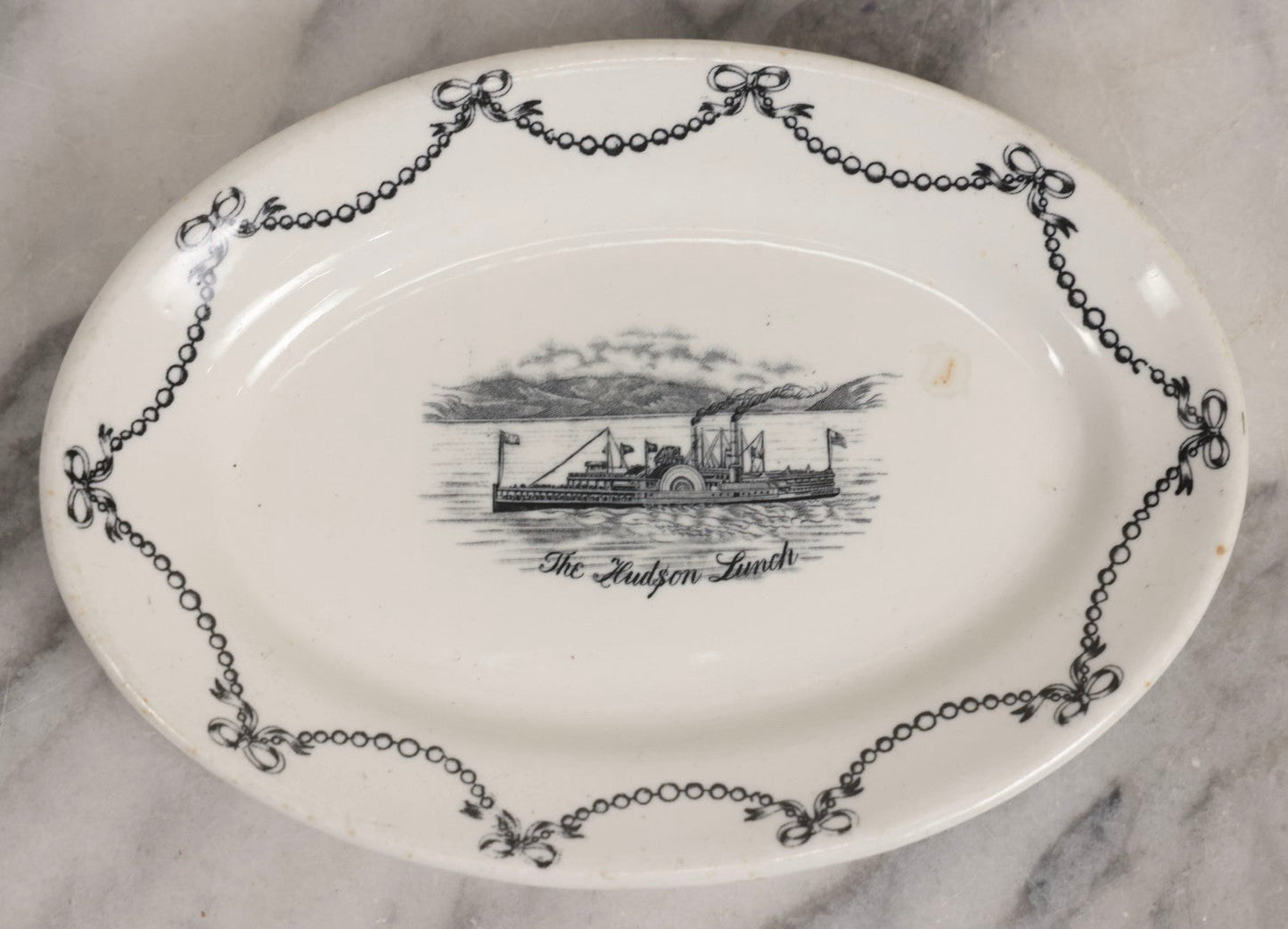 Lot 042 - Pair Of Antique English Transferware  Pottery Pieces With Hudson River Sidewheel Steamship “The Hudson Lunch,” Manufactured By John Maddock & Sons Ltd.
