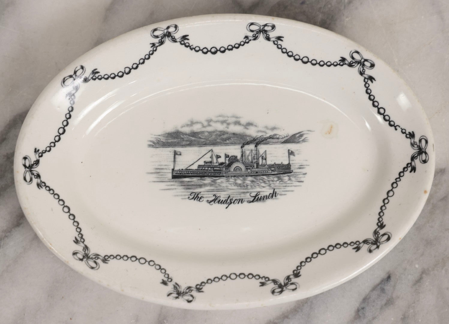 Lot 042 - Pair Of Antique English Transferware  Pottery Pieces With Hudson River Sidewheel Steamship “The Hudson Lunch,” Manufactured By John Maddock & Sons Ltd.