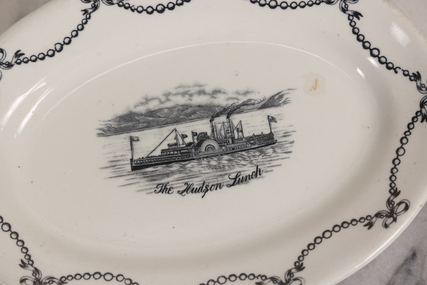 Lot 042 - Pair Of Antique English Transferware  Pottery Pieces With Hudson River Sidewheel Steamship “The Hudson Lunch,” Manufactured By John Maddock & Sons Ltd.