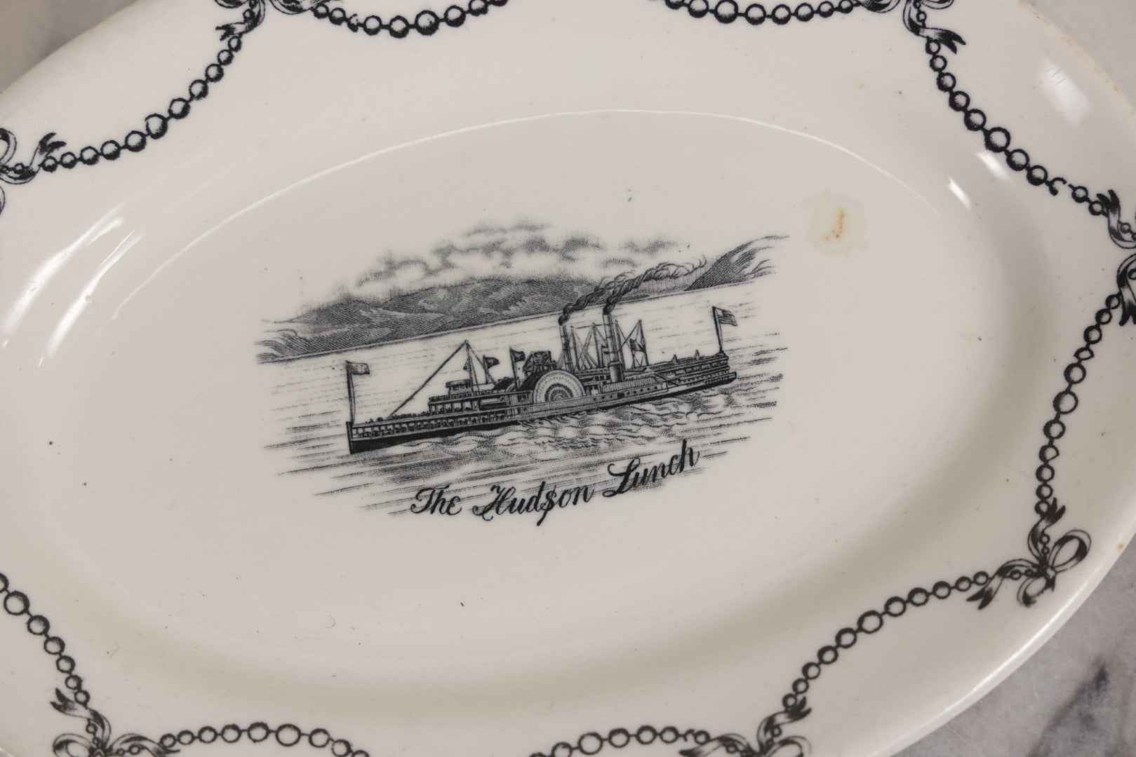 Lot 042 - Pair Of Antique English Transferware  Pottery Pieces With Hudson River Sidewheel Steamship “The Hudson Lunch,” Manufactured By John Maddock & Sons Ltd.