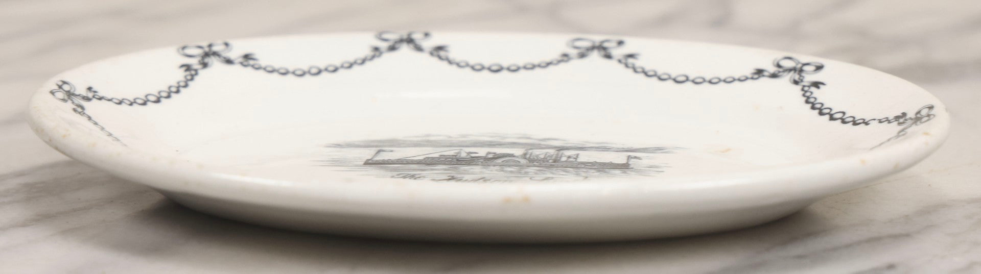 Lot 042 - Pair Of Antique English Transferware  Pottery Pieces With Hudson River Sidewheel Steamship “The Hudson Lunch,” Manufactured By John Maddock & Sons Ltd.