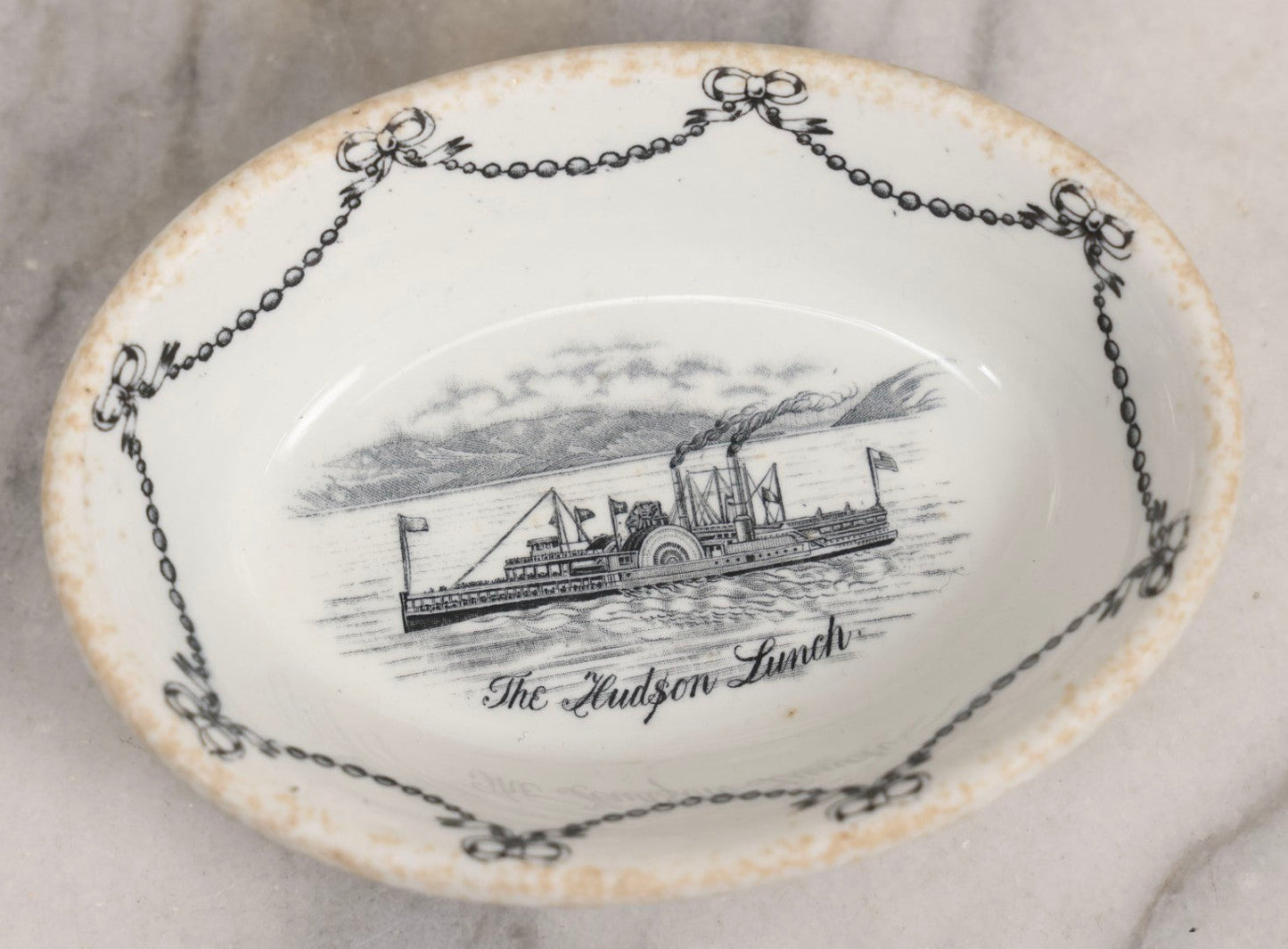 Lot 042 - Pair Of Antique English Transferware  Pottery Pieces With Hudson River Sidewheel Steamship “The Hudson Lunch,” Manufactured By John Maddock & Sons Ltd.