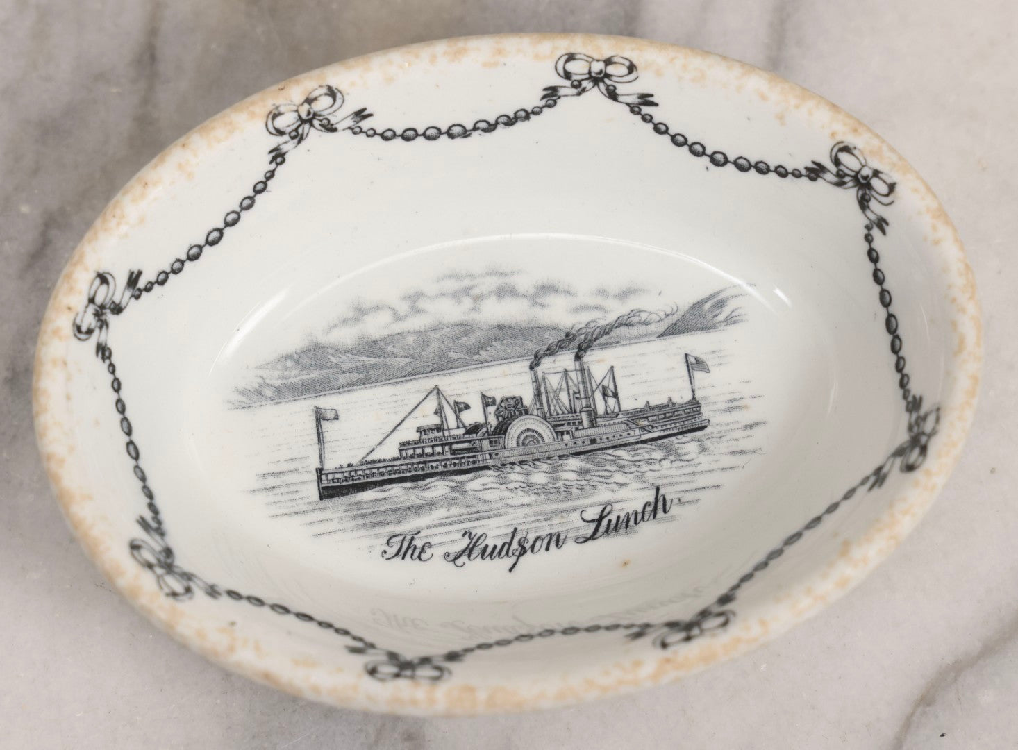 Lot 042 - Pair Of Antique English Transferware  Pottery Pieces With Hudson River Sidewheel Steamship “The Hudson Lunch,” Manufactured By John Maddock & Sons Ltd.