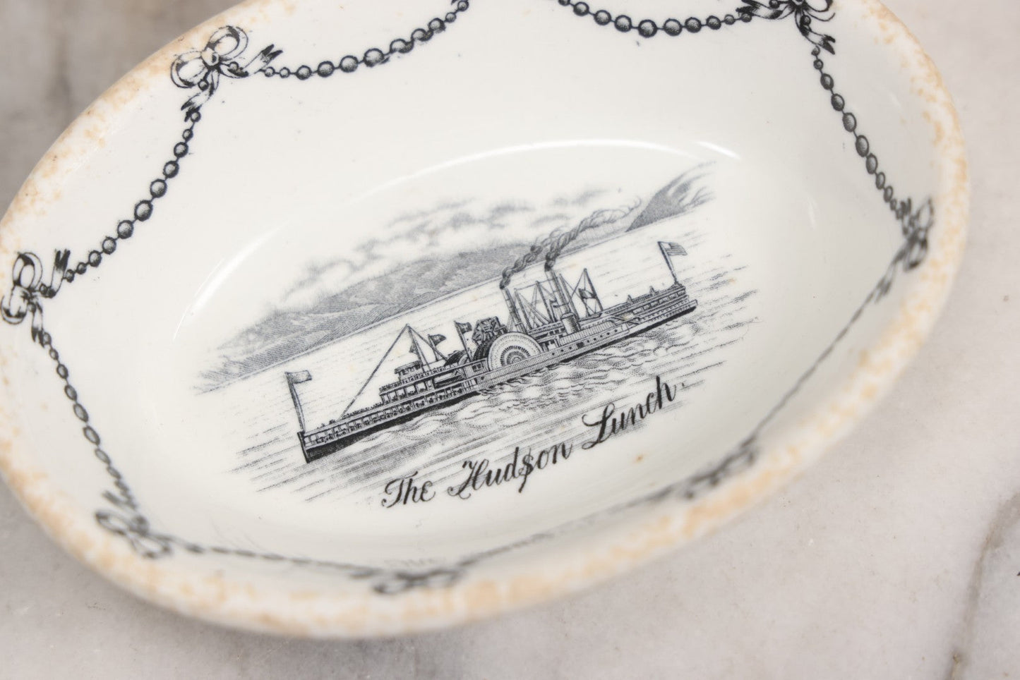 Lot 042 - Pair Of Antique English Transferware  Pottery Pieces With Hudson River Sidewheel Steamship “The Hudson Lunch,” Manufactured By John Maddock & Sons Ltd.