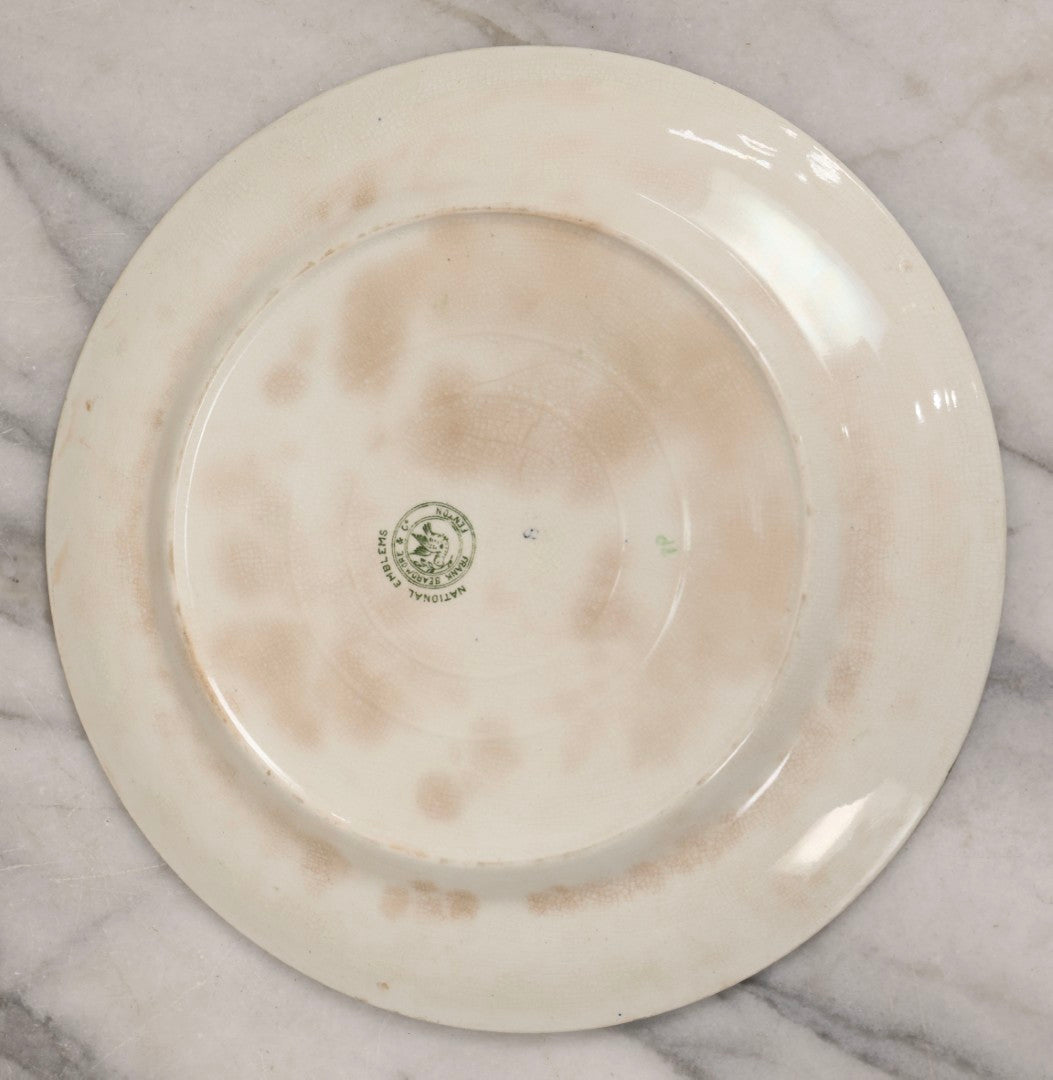 Lot 043 - Antique Hand Colored Transferware Pottery Patriotic Plate By Frank Beardmore & Co., Fenton, "National Emblems" Line With Bald Eagle, Patriotic Shield, And "E Pluribus Unum" Banner, 10" Diameter