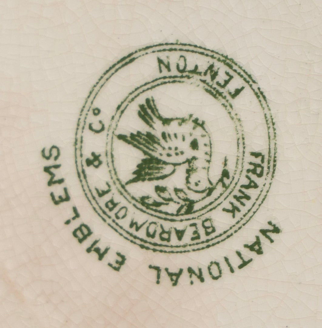 Lot 043 - Antique Hand Colored Transferware Pottery Patriotic Plate By Frank Beardmore & Co., Fenton, "National Emblems" Line With Bald Eagle, Patriotic Shield, And "E Pluribus Unum" Banner, 10" Diameter