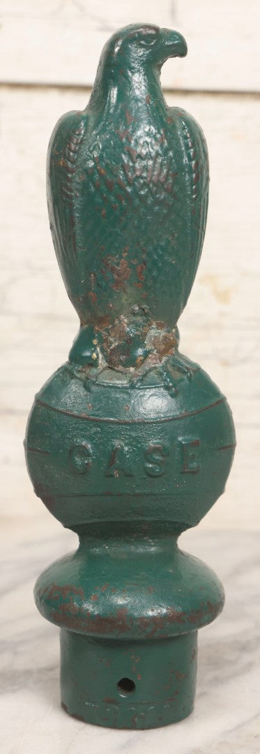 Lot 044 - Antique Cast Iron Eagle Fence Post Finial With Green Paint, J. I. Case Threshing Machine Co. Advertising, Early 20th Century, 9-7/8" H