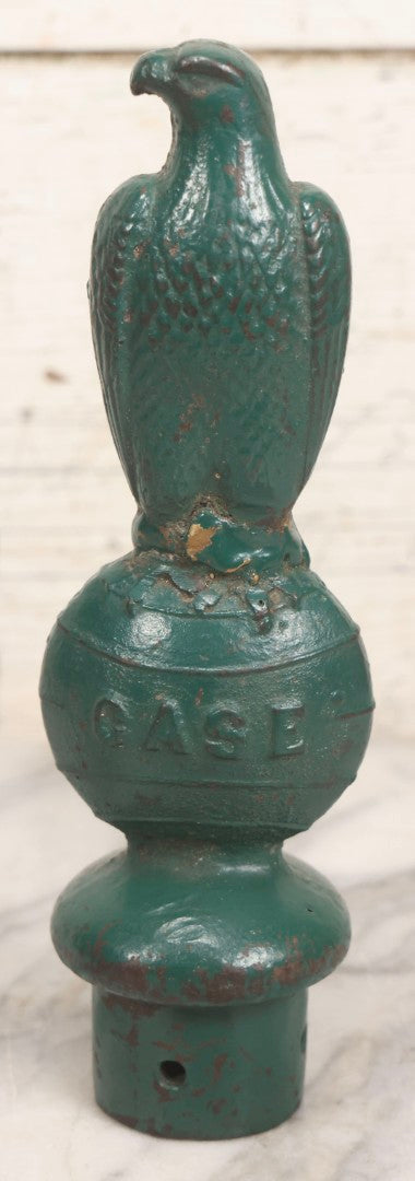 Lot 044 - Antique Cast Iron Eagle Fence Post Finial With Green Paint, J. I. Case Threshing Machine Co. Advertising, Early 20th Century, 9-7/8" H