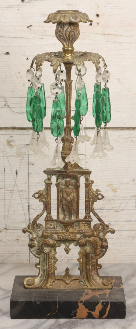 Lot 045 - Antique Brass Figural Girandole Candle Stand With Knight And Sword Motif And Original Green And Clear Crystal Drops, 15-3/4" H