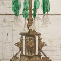 Lot 045 - Antique Brass Figural Girandole Candle Stand With Knight And Sword Motif And Original Green And Clear Crystal Drops, 15-3/4" H
