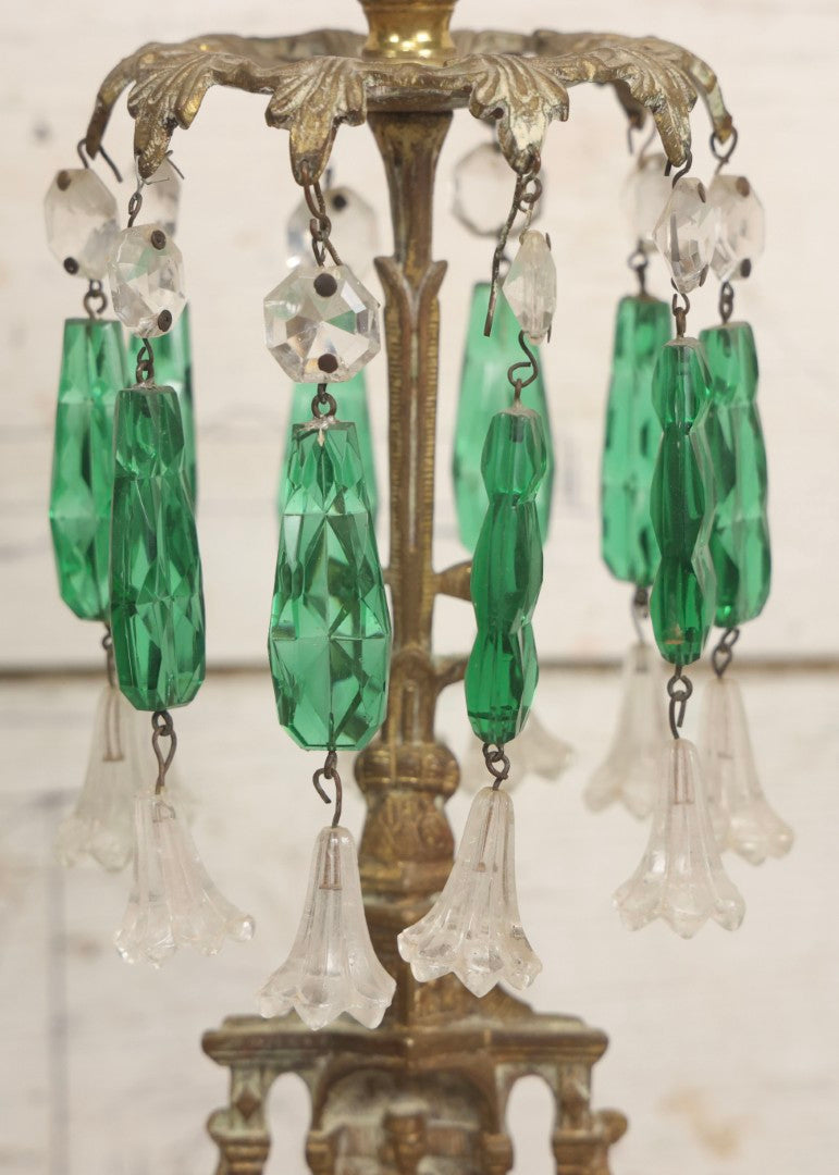 Lot 045 - Antique Brass Figural Girandole Candle Stand With Knight And Sword Motif And Original Green And Clear Crystal Drops, 15-3/4" H