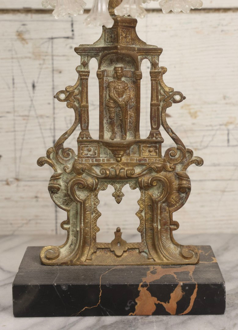 Lot 045 - Antique Brass Figural Girandole Candle Stand With Knight And Sword Motif And Original Green And Clear Crystal Drops, 15-3/4" H