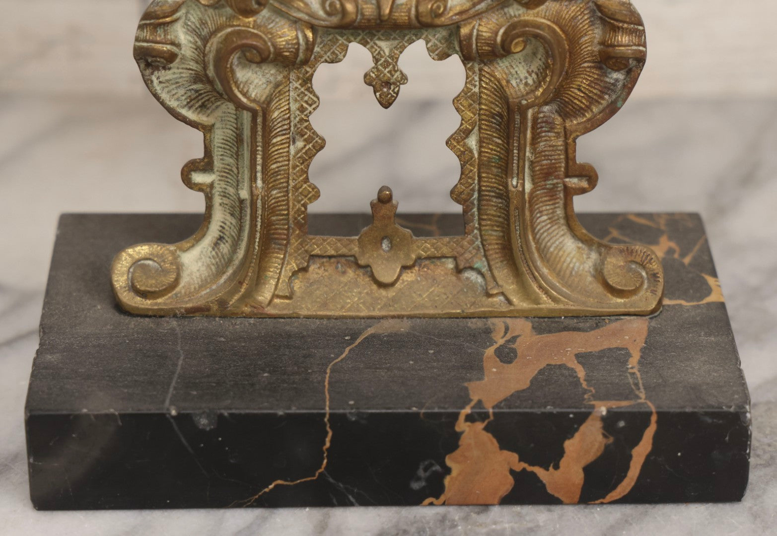 Lot 045 - Antique Brass Figural Girandole Candle Stand With Knight And Sword Motif And Original Green And Clear Crystal Drops, 15-3/4" H