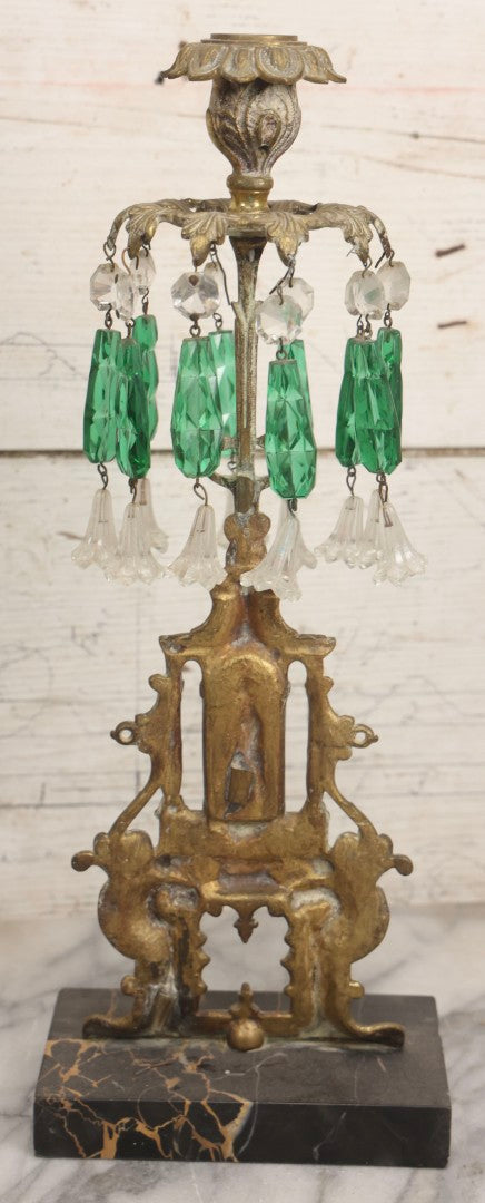 Lot 045 - Antique Brass Figural Girandole Candle Stand With Knight And Sword Motif And Original Green And Clear Crystal Drops, 15-3/4" H