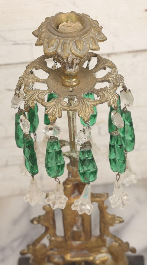 Lot 045 - Antique Brass Figural Girandole Candle Stand With Knight And Sword Motif And Original Green And Clear Crystal Drops, 15-3/4" H