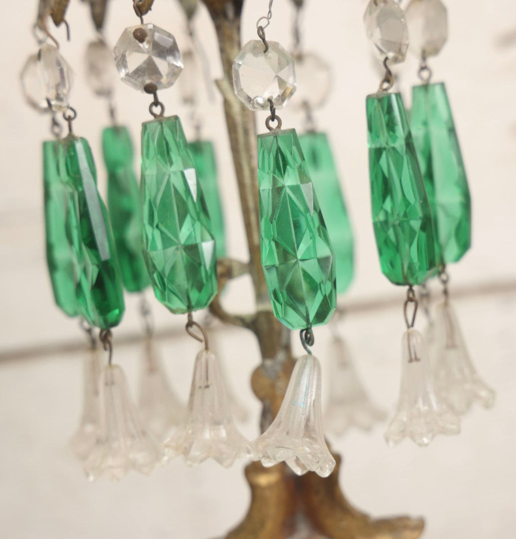 Lot 045 - Antique Brass Figural Girandole Candle Stand With Knight And Sword Motif And Original Green And Clear Crystal Drops, 15-3/4" H