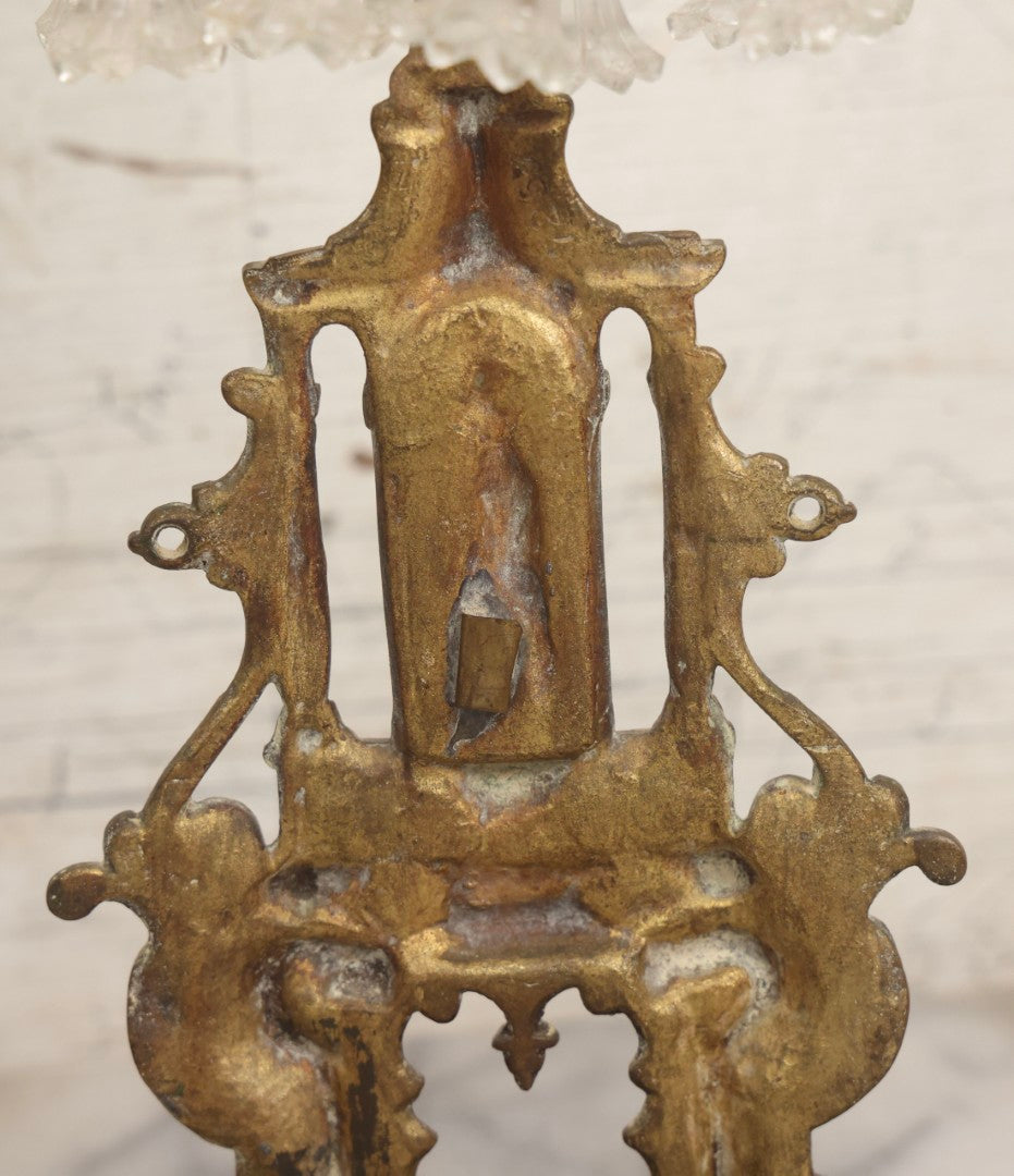 Lot 045 - Antique Brass Figural Girandole Candle Stand With Knight And Sword Motif And Original Green And Clear Crystal Drops, 15-3/4" H