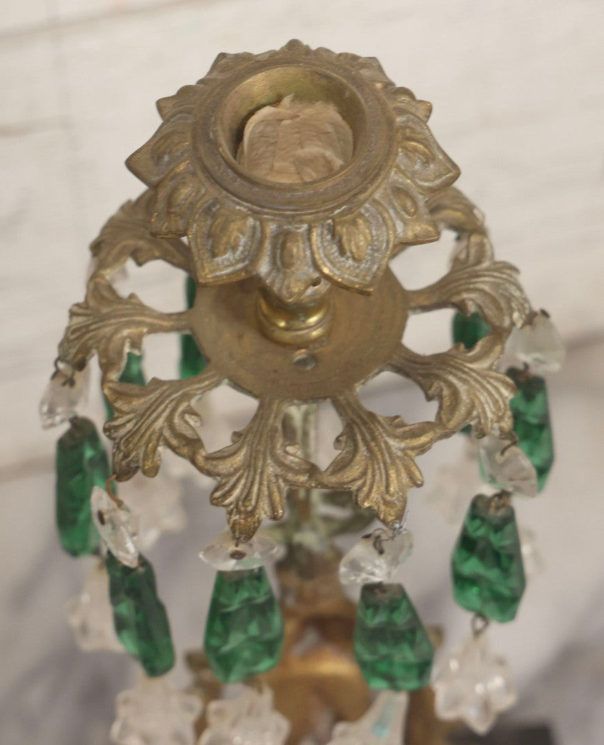 Lot 045 - Antique Brass Figural Girandole Candle Stand With Knight And Sword Motif And Original Green And Clear Crystal Drops, 15-3/4" H