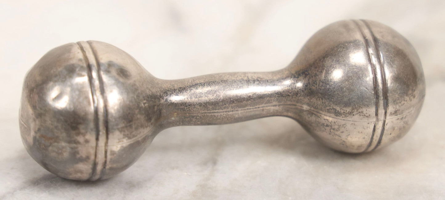 Lot 048 - Vintage Sterling Silver Barbell-Style Baby Rattle, Hallmarked And Marked “Sterling," 3-1/4" L